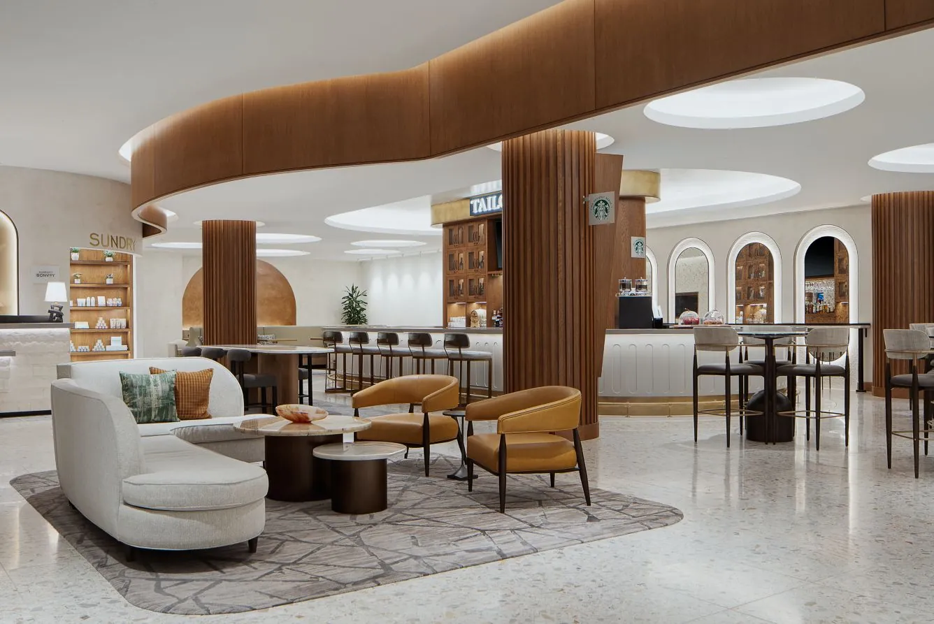 The hotel lobby's marble staircase